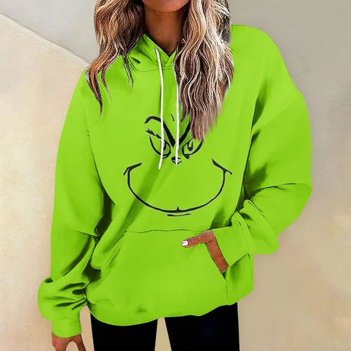 Vista 2 de Suéteres navideños para mujer, suéter feo de Navidad para mujer, estampado verde, manga larga, raglán, sudaderas con capucha para adultos