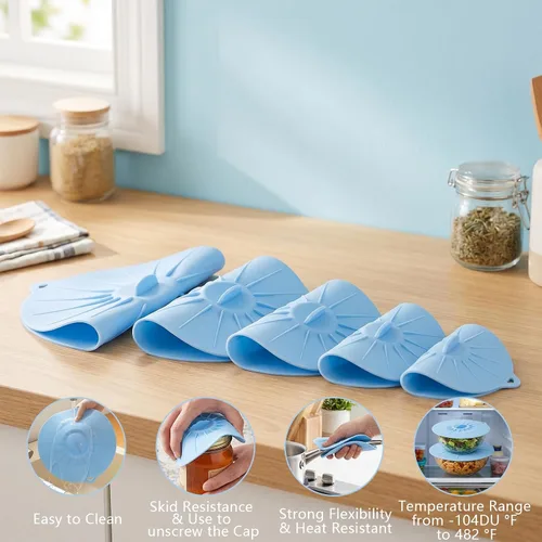 Vista 6 de Paquete de 5 tapas de silicona para tazón, cubierta de silicona para microondas, con 5 tamaños, tapas térmicas reutilizables para tazas, cuencos