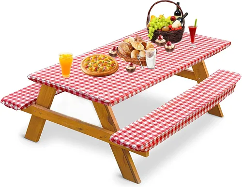 Vista 8 de Funda de mesa de picnic con fundas de banco de 8 pies para cualquier mesa de picnic de 96 x 30 pulgadas, juego de 3 piezas para mesa rectangular