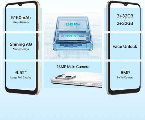 Vista 5 de UMIDIGI Teléfono celular G1 Dual Sim 4G LTE Global Desbloqueado Teléfono, Unisoc T610 hasta 1.8GHz, 2+32GB 256G Expandible, 6.52" HD+, 5150mAh