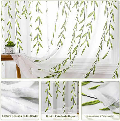 Vista 7 de BROSHAN - Cortinas transparentes con estampado verde, color blanco, 2