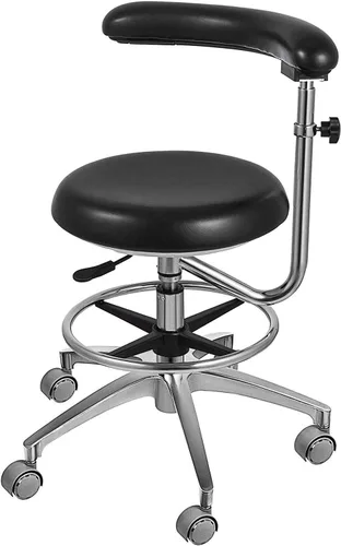 Vista 4 de Marca Negro Asistente Taburete 360 ° Rotación Apoyabrazos Dental PU Respaldo De Cuero Médico Uso De La Oficina