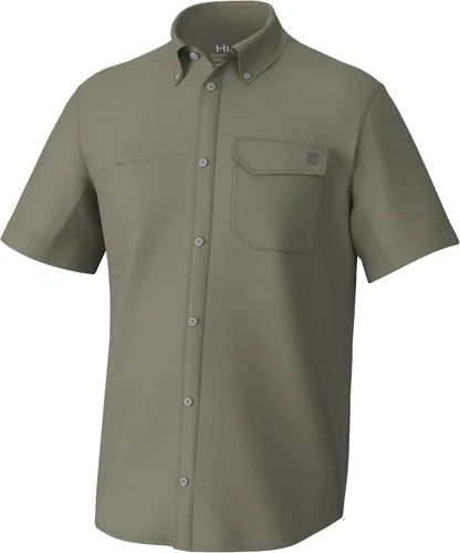 Vista 29 de HUK Men's Tide Point Kc Scott Original Artwork Short Sleeve Shirt, Fishing Button Down Negro