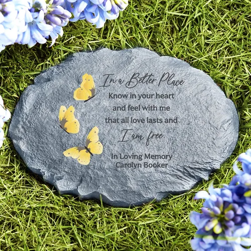 Vista 2 de Let's Make Memories Piedra de jardín de condolencias personalizada – Soy libre – Condolencia y regalo conmemorativo – Personalizar con mensaje -11