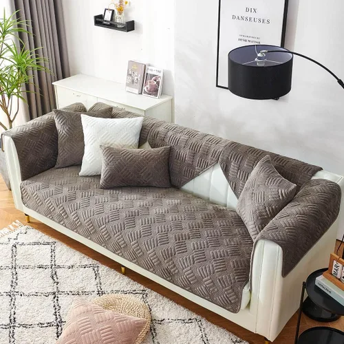 Vista 3 de vctops Funda de sofá de terciopelo para sillón, antideslizante, acolchada, súper suave, funda geométrica cálida en forma de L para sofá, para Marrón