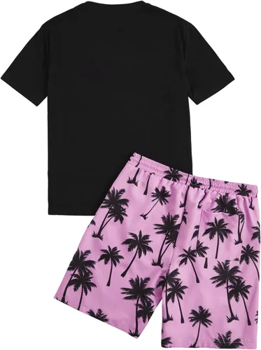 Vista 106 de GORGLITTER Conjunto de 2 piezas de camiseta gráfica de manga corta para hombre, estampado hawaiano con cordón y pantalones cortos
