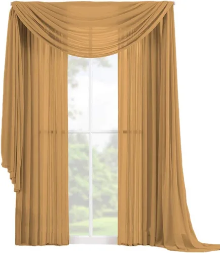 Vista 23 de Decotex Juego de 3 cortinas de gasa transparente para ventana, incluye 2 paneles y 1 bufanda a juego (120 pulgadas de largo, chocolate)
