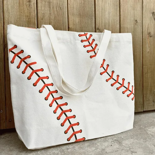 Vista 3 de Bolsa de béisbol para mujer, bolsa grande de lona de algodón de béisbol, reutilizable, bolsa de compras, playa, viaje, deporte, gimnasio, bolsa