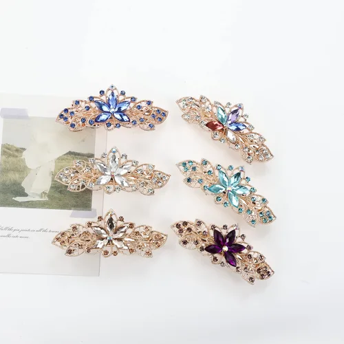 Vista 8 de Lawie Paquete de 6 pinzas para el cabello de metal con diamantes de imitación brillantes con diamantes de imitación de flores francesas, pinzas