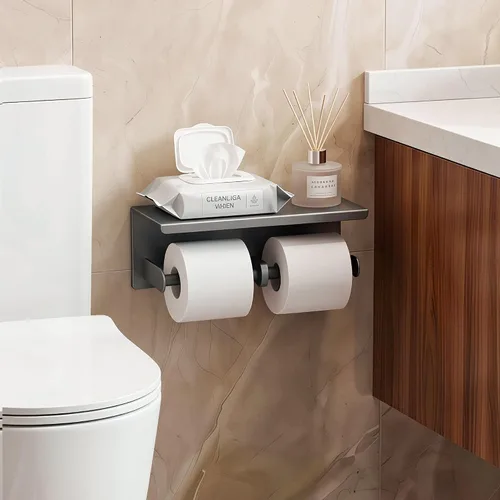 Vista 2 de Soporte de papel higiénico doble de acero inoxidable con estante de almacenamiento para teléfono (gris)