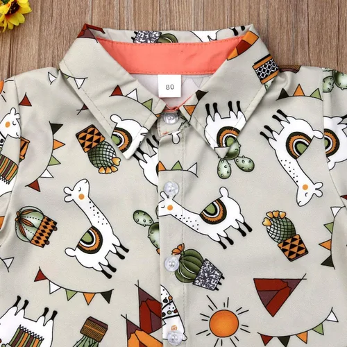 Vista 4 de Conjunto de camisa de manga corta con botones y pantalones cortos casuales con diseño de flamingo, para bebés y niños de 1 a 6 años, atuendos