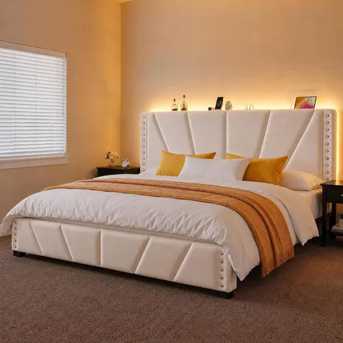 Vista 19 de EnHomee Base de cama individual con luces LED y USB, sin ruido, color beige
