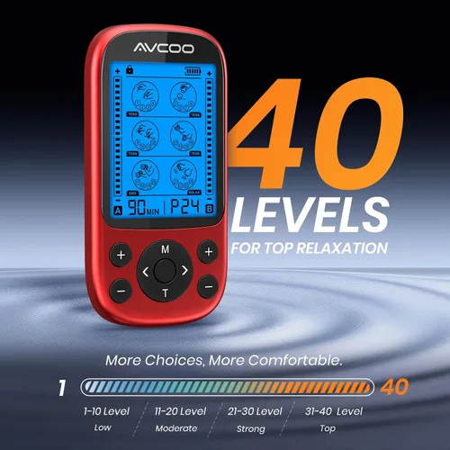 Vista 4 de AVCOO Estimulador muscular de unidad TENS de doble canal, máquina EMS TENS 3 en 1 con 24 modos y 40 niveles, masajeador EMS recargable para alivio