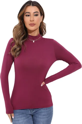 Vista 3 de Camisetas térmicas básicas de manga larga para mujer, camisetas ligeras con cuello alto falso, ajustadas, de capa suave