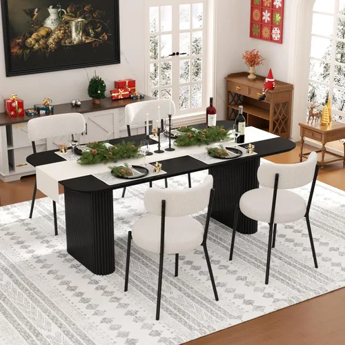 Vista 8 de Juego de mesa de comedor ovalada negra moderna de 70.9 pulgadas para 4, mesa de cocina rectangular estilo crema con sillas negras Boucle, juego