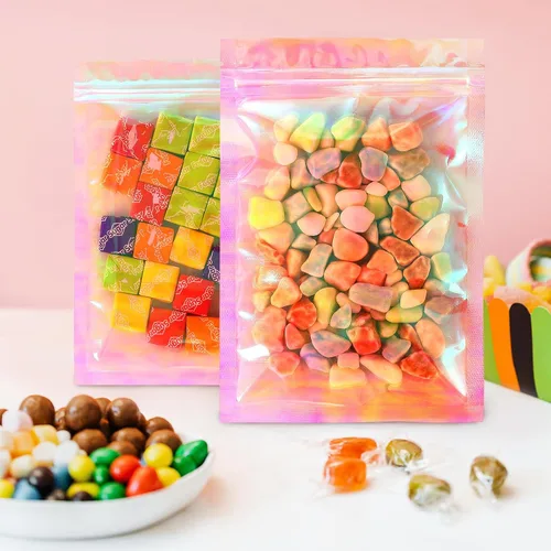 Vista 5 de Bolsa de embalaje resellable holográfica rosa transparente con cremallera para almacenamiento de alimentos, brillo de labios, pestañas, joyas