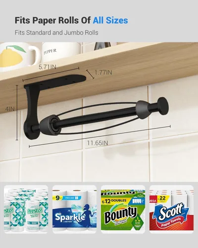 Vista 4 de Soporte para toallas de papel debajo del gabinete, desgarre con una mano, montaje en pared, adhesivo, negro, soporte para rollo de papel