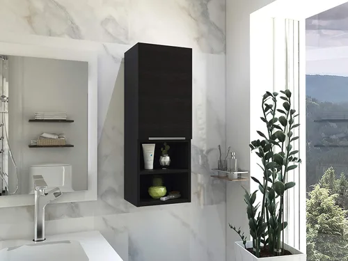 Vista 2 de Armario de pared para baño, botiquín montado en la pared, puerta única y estantes abiertos, sala de estar, baño, organizador de almacenamiento Negro