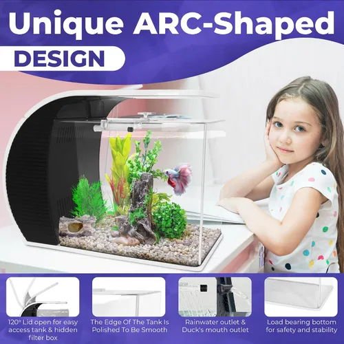 Vista 3 de Tanque de peces de 5 galones, tanque de vidrio en forma de arco con luces LED, kit de tanque de peces con filtro, bomba de agua, bolsa de medios