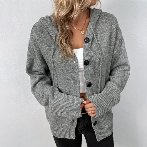 Vista 5 de Suéteres con capucha para mujer, con cordón, de manga larga, de punto, color liso, casual, holgada, con capucha