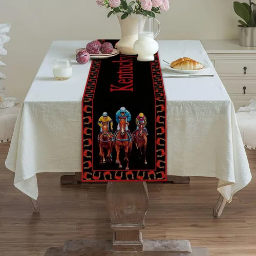 Vista 3 de Vohado Camino de mesa Derby 2026 con rosas y carreras de caballos, decoración de fiesta, comedor, hogar, cocina, 72 pulgadas de largo
