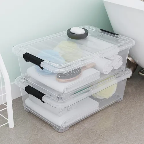 Vista 7 de Paquete de 4 contenedores de plástico de 20 L para debajo de la cama con rueda, cajas de almacenamiento planas transparentes