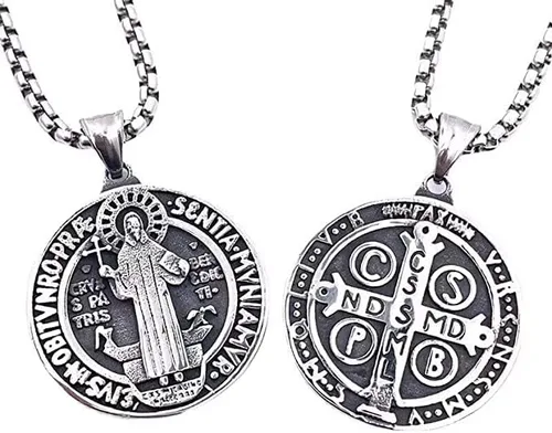 Vista 4 de Cy trendy Collar con medalla de San Benito con colgante de cruz de crucifijo de acero inoxidable, exorcismo, Metal, No es una piedra preciosa