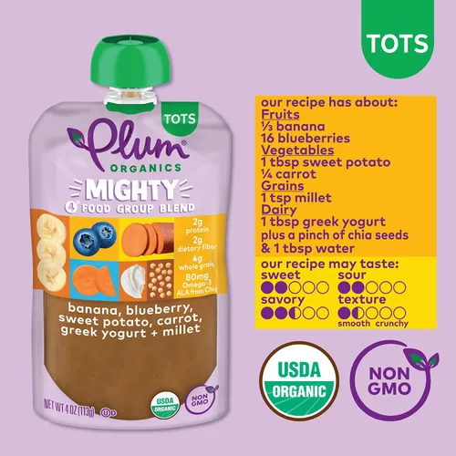 Vista 3 de Plum Organics Mighty 4 Mezcla de nutrición esencial en bolsa, 4 onzas (Paquete de 12)