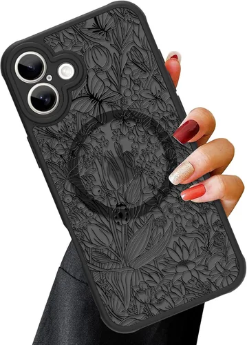Vista 12 de OOK Funda magnética para iPhone 13 Pro Max [compatible con MagSafe] Funda delgada translúcida mate con flor silvestre negra, protección para lente