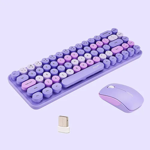 Vista 10 de Combo compacto de teclado y mouse inalámbricos, teclas redondas coloridas, 68 teclas sin sonido, adecuado para niñas y niños, compatible