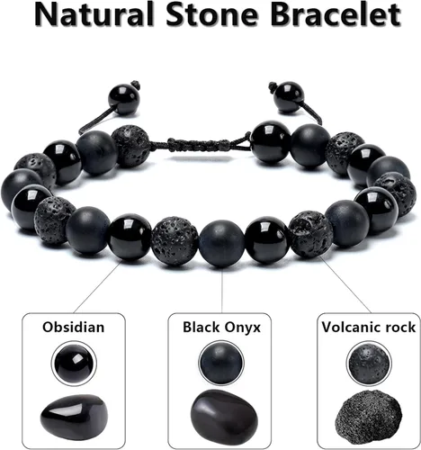 Vista 19 de SAMXY Triple Protection Bracelet, 8mm Healing Crystal Bead Bracelet, 3pcs Blue Red Tiger's Eye Obsidian Hematite Bracelet Women Men