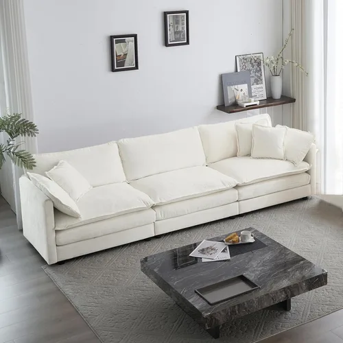 Vista 12 de KIVENJAJA Sofá biplaza de chenilla, sofá grande de 2 plazas con nube, moderno y cómodo asiento profundo con 4 almohadas para sala de estar, Beige