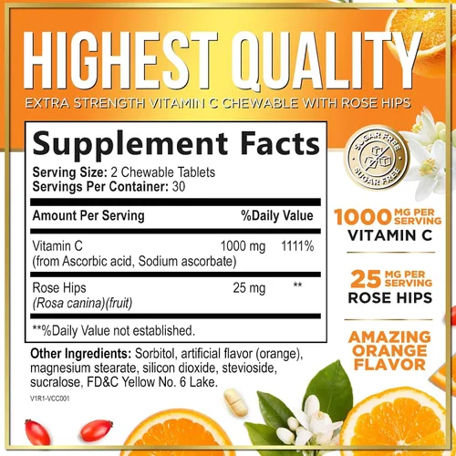 Vista 2 de Vitamin C 1000mg Per Serving - Extra Strength with Rose Hips Bioflavonoids - Sugar Free Vitamin C Chewable Pills, Vit C Supplement for Immune