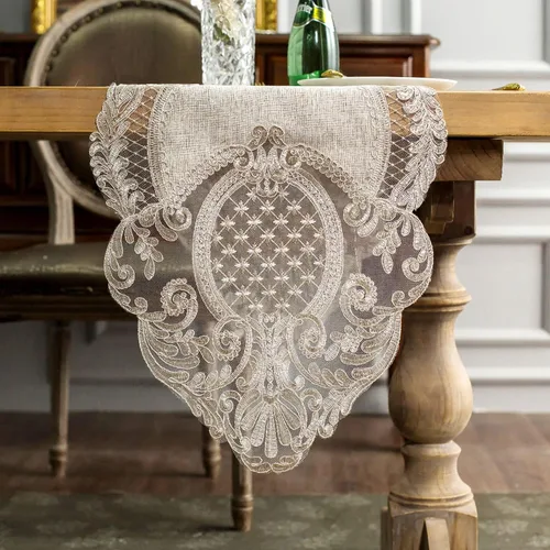 Vista 8 de ARTABLE Camino de mesa de encaje rectangular de tela de lino de algodón gris, bufanda de tocador con exquisito bordado de macramé, caminos de mesa