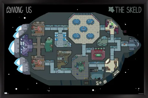 Vista 8 de Among Us - Póster de pared Skeld Map, 22.4 pulgadas de largo x 14.7 pulgadas de ancho, versión enmarcada de madera de granero
