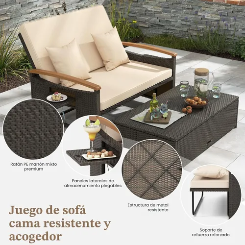 Vista 8 de LDAILY Moccha - Sofá de mimbre para exteriores, sofá biplaza de ratán para patio con respaldo ajustable de 4 niveles, paneles plegables, otomana