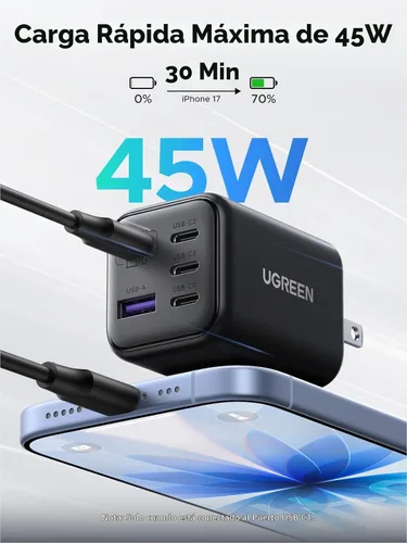 Vista 3 de UGREEN Bloque de cargador USB C de 5 puertos de 45 W, PD/PPS/QC de carga rápida de 45 vatios, cargador GaN con 4 puertos USB C para iPhone 17/16/15
