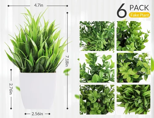 Vista 2 de Der Rose Paquete de 6 plantas artificiales pequeñas en macetas para el hogar, dormitorio, sala de estar, decoración interior (verde) Green