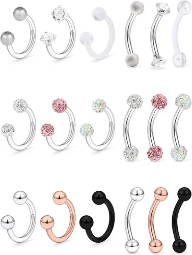 Vista 4 de Hoeudjo 9 – 18 piezas 16G acero quirúrgico, anillo labial de cristal, barra de herradura para cartílago tragus, arete de aro hélix daith Septum