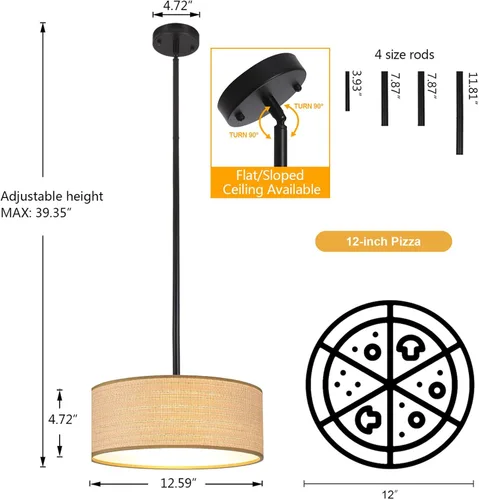 Vista 3 de Lámpara de techo inclinada de ratán, 13 pulgadas, luces de montaje semiempotradas bohemias tejidas con pantalla de tela de tambor, iluminación