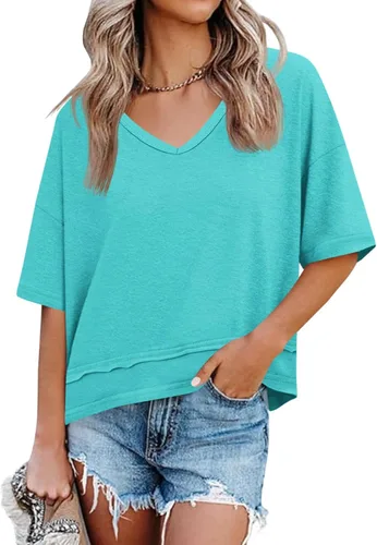 Vista 18 de Cicy Bell Camisetas de verano con cuello en V para mujer, casuales, de manga corta, holgadas, lindas camisetas básicas Caqui