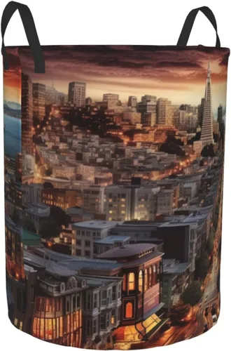 Vista 2 de Cesta circular con estampado de San Francisco, impermeable, cesta organizadora de lavandería, con asas, para ropa, juguetes, pequeña