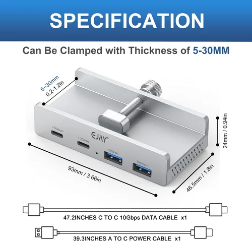 Vista 4 de EJAY 4 puertos 10Gbps USB-C HUB USB3.2 Abrazadera USB HUB Splitter,adaptador USB-C montable con cable de datos y alimentación para iMac 2021