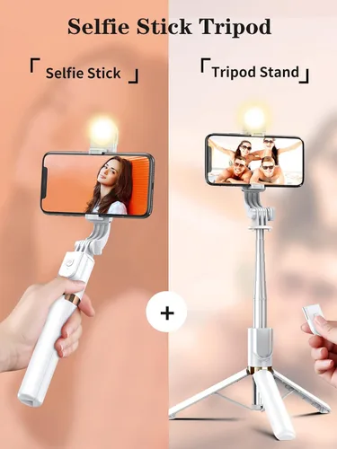 Vista 10 de Trípode para selfie stick con control remoto inalámbrico, trípode para selfie stick de 46 pulgadas con luz de relleno LED, para iPhone 16/15/14/14