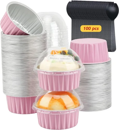 Vista 10 de LNYZQUS Mini moldes para hornear pasteles de 5 oz con tapas, paquete de 100, moldes desechables de aluminio para cupcakes, moldes pequeños