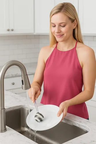 Vista 6 de Cepillo de esponja de vidrio con mango – Cepillo de limpieza de cocina de 11.5 pulgadas para vasos, botellas, platos y jarrones – Esponja suave