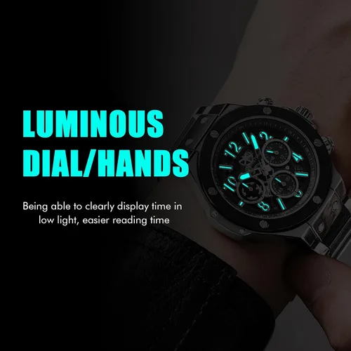 Vista 5 de SENSETONE Mens Watches Quartz Movement Chronograph Stainless Steel Black Strap Fashion Business Sport 30M Waterproof Big Dial Wristwatch Elegant