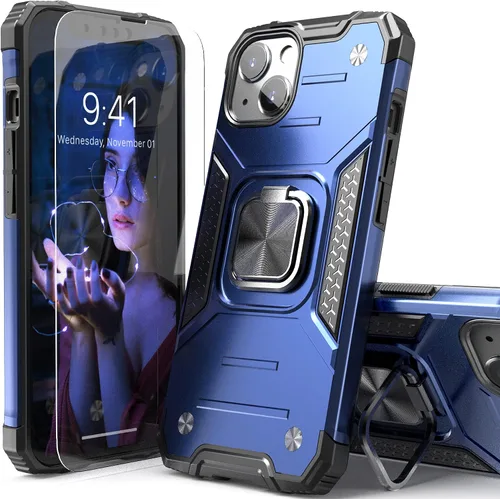 Vista 9 de Funda delgada para iPhone 13 / iPhone 14 con protector de pantalla, absorción de golpes, resistente a prueba de caídas, con soporte de automóvil