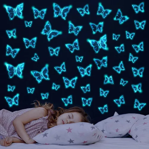 Vista 10 de Calcomanías de pared de mariposa que brillan en la oscuridad, calcomanías de pared de mariposa luminosas azules, calcomanías de pared para estilo 10