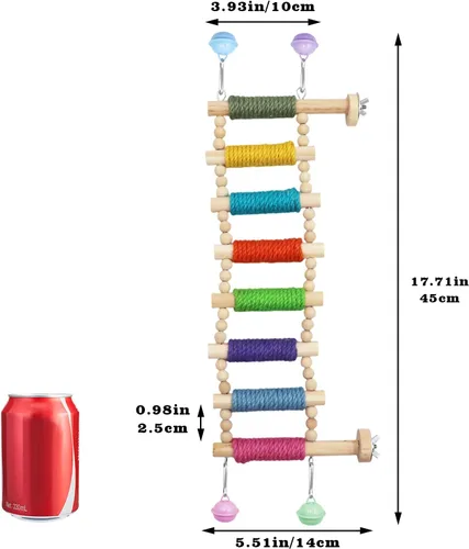 Vista 2 de Accesorios para jaula de pájaros, puente de madera con cuerda colorida en escalones, escalera de escalada de pájaros para periquitos, cacatúas